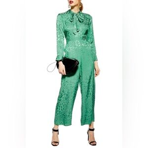 Topshop Emerald Green Statement Wide-Leg Jumpsuit – Tie Neck – Size 6